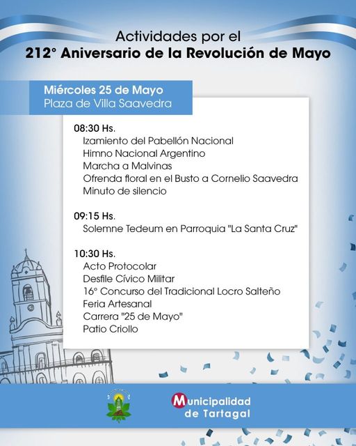 TARTAGAL: LOS ACTOS CENTRALES DEL 212 ANIVERSARIO DE LA REVOLUCIÓN DE MAYO SE REALIZARÁN EN VILLA SAAVEDRA.
