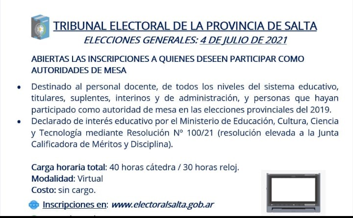 ELECCIONES 2021 SALTA: INSCRIPCIONES ABIERTAS PARA AUTORIDADES DE MESA.
